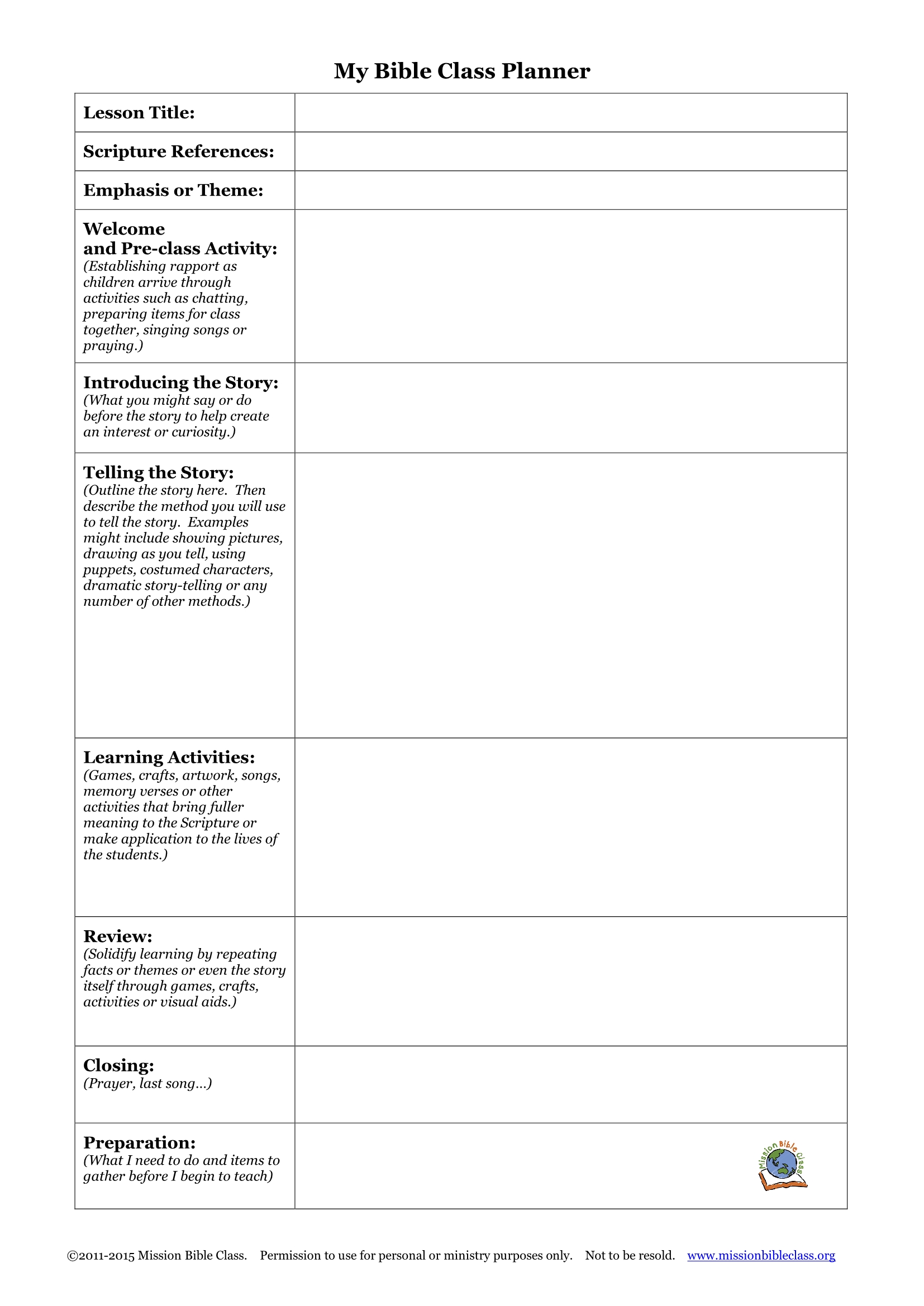 Blank Lesson Plan Templates To Print – Mission Bible Class  Lesson Plan Template For Church Printable