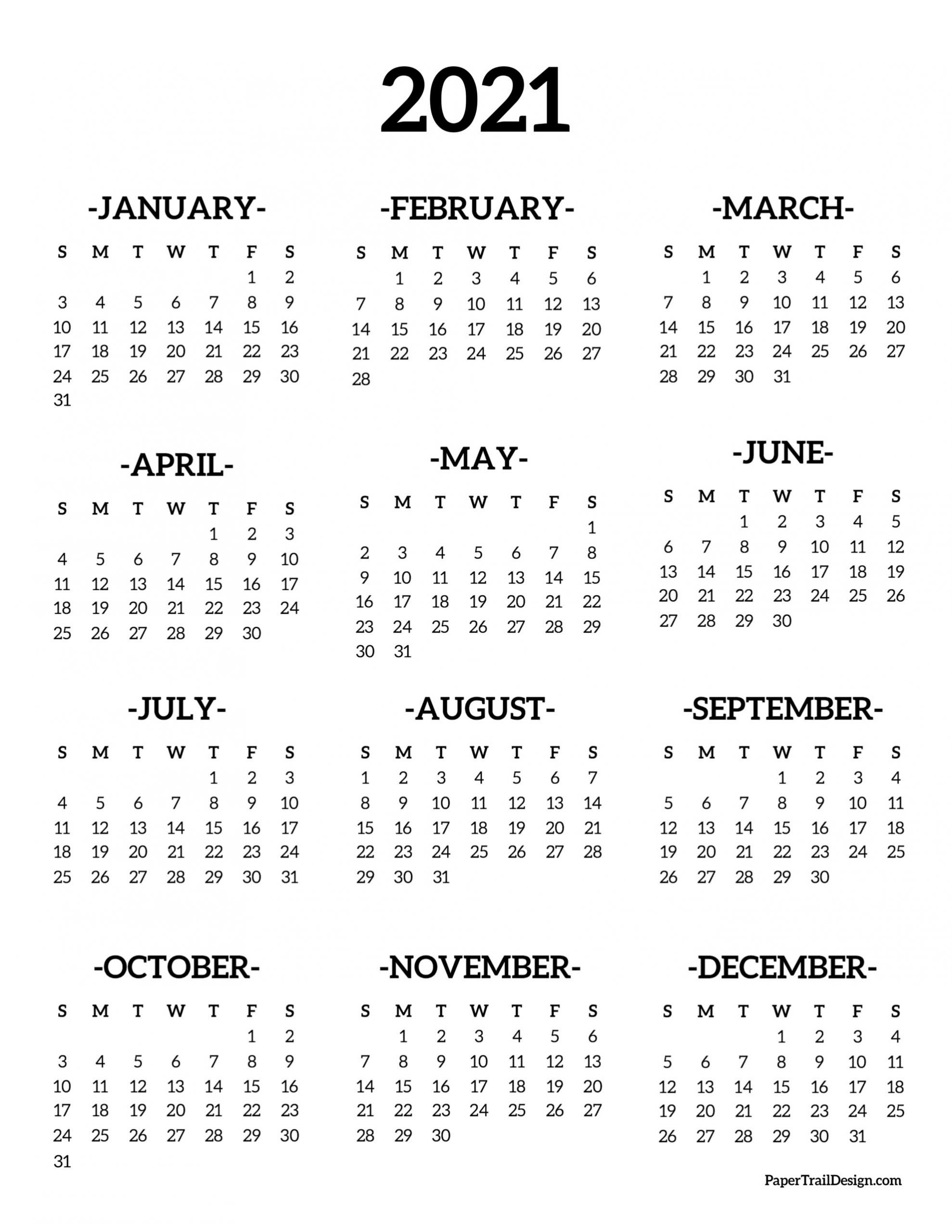 Calendar 2021 Printable One Page | Paper Trail Design  Printable 2021 Calendar One Sheet