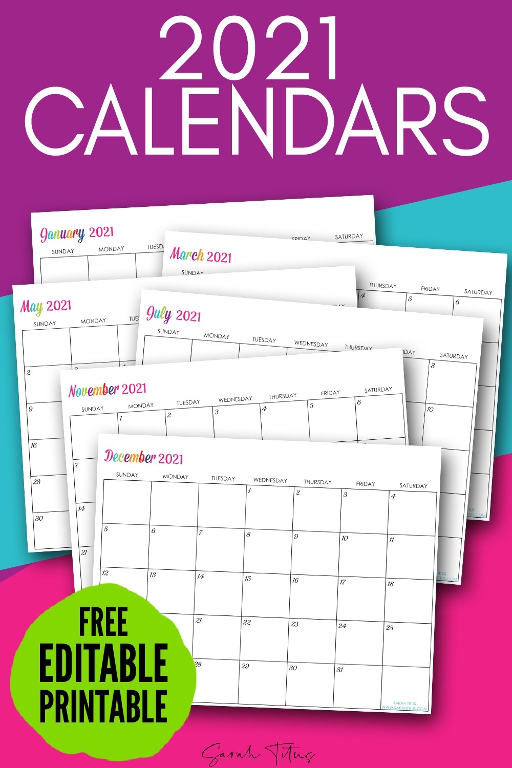 Custom Editable 2021 Free Printable Calendars - Sarah Titus  Girly Monthly Calendar Printable 2021