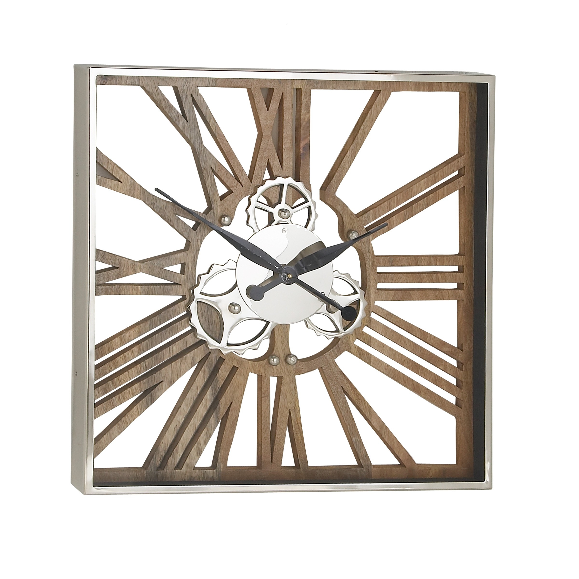 Decmode Industrial 24 X 24 Inch Square Wood, Aluminum And Stainless Steel  Gear Wall Clock  Wall Calendar Frame Plan - Item 49887