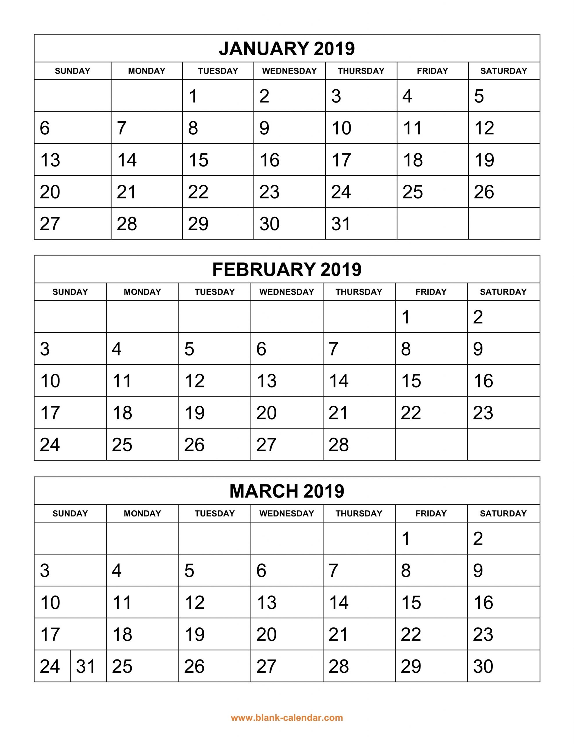 Free Download Printable Calendar 2019, 3 Months Per Page, 4  Free Printable Month Calendar