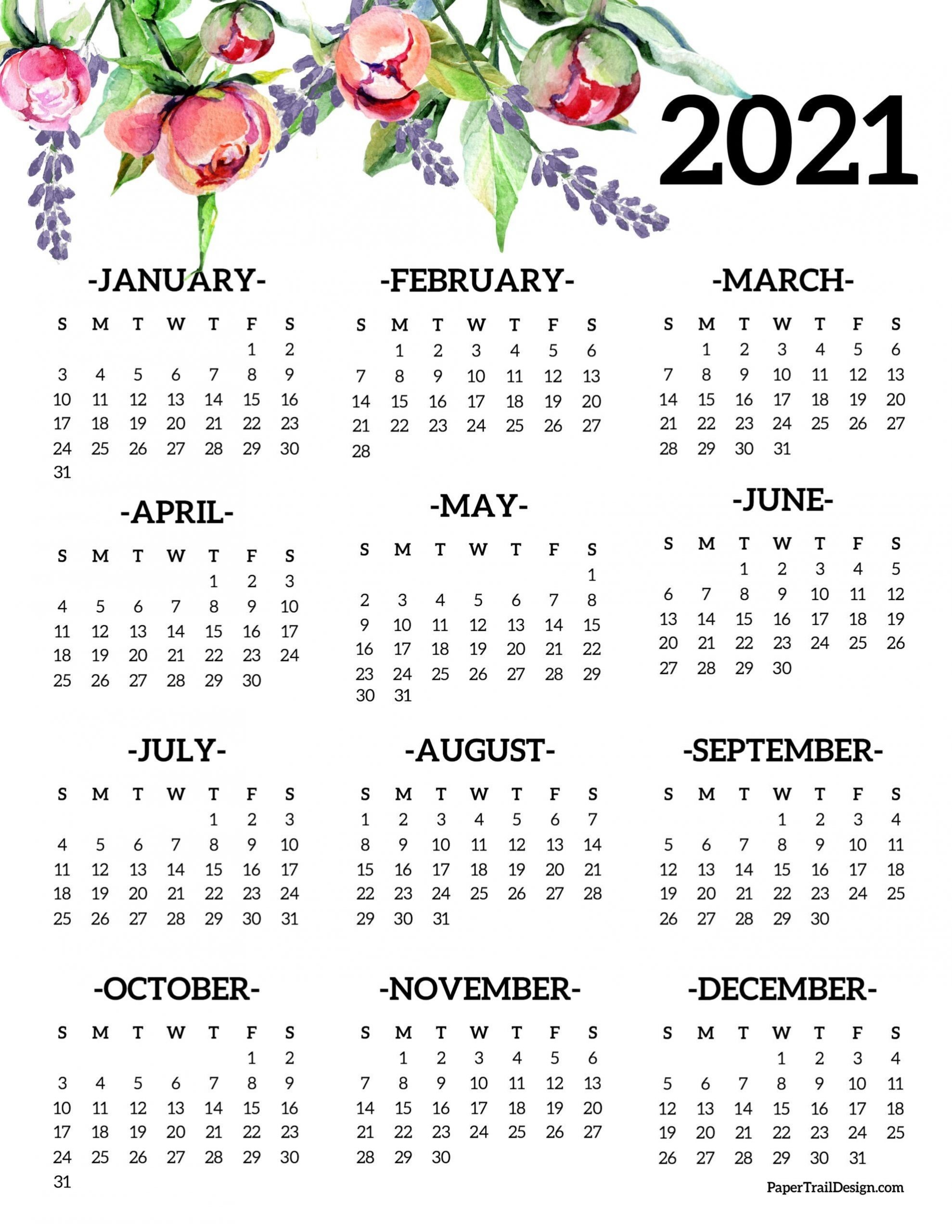 Free Printable 2021 One Page Floral Calendar | Paper Trail  Printable 2021 Calendar One Sheet