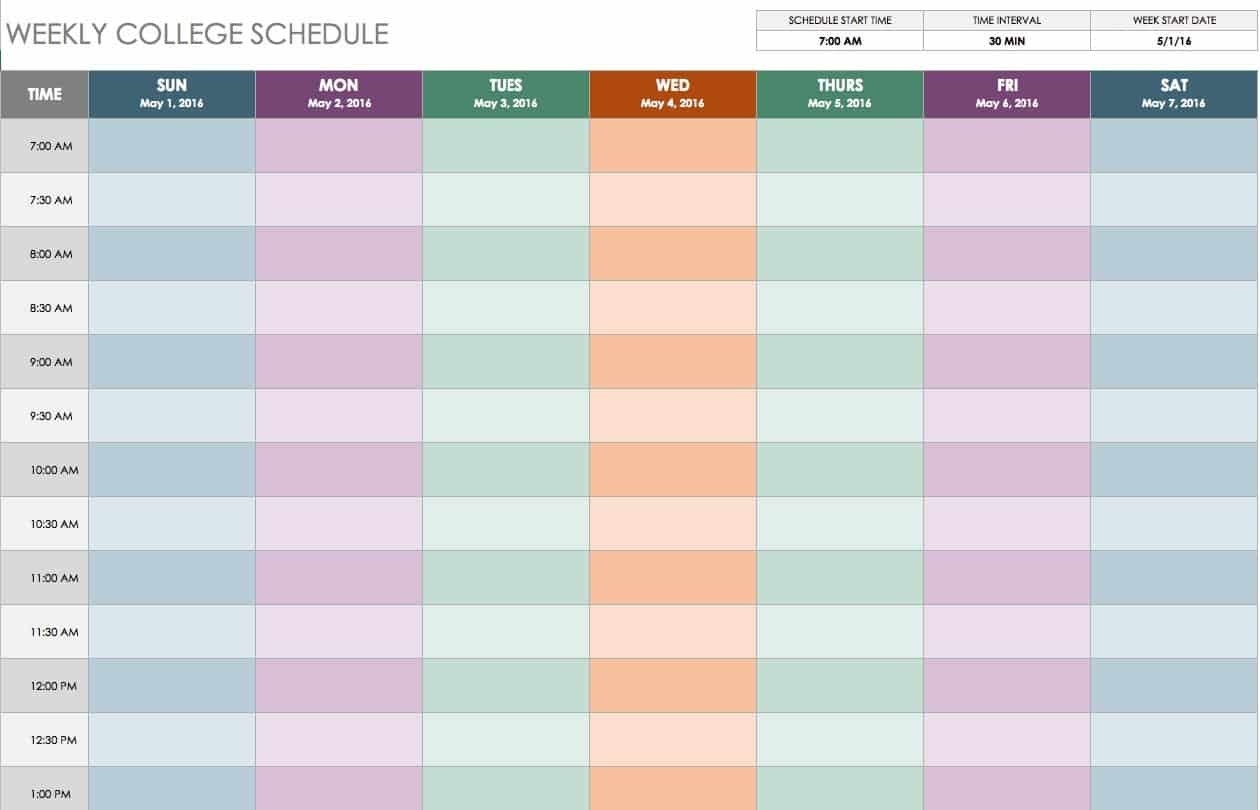 Free Weekly Schedule Templates For Excel - Smartsheet  7 Day Schedule Template In Every 30 Minutes
