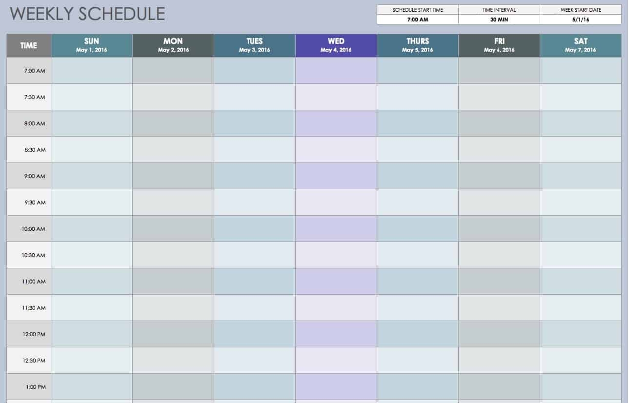 Free Weekly Schedule Templates For Excel - Smartsheet  7 Day Schedule Template In Every 30 Minutes