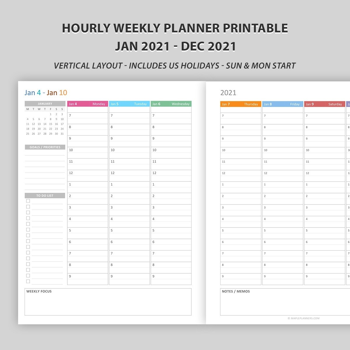 Hourly Weekly Planner 2021 Vertical Layout  2021 Printable Hourly Calendar