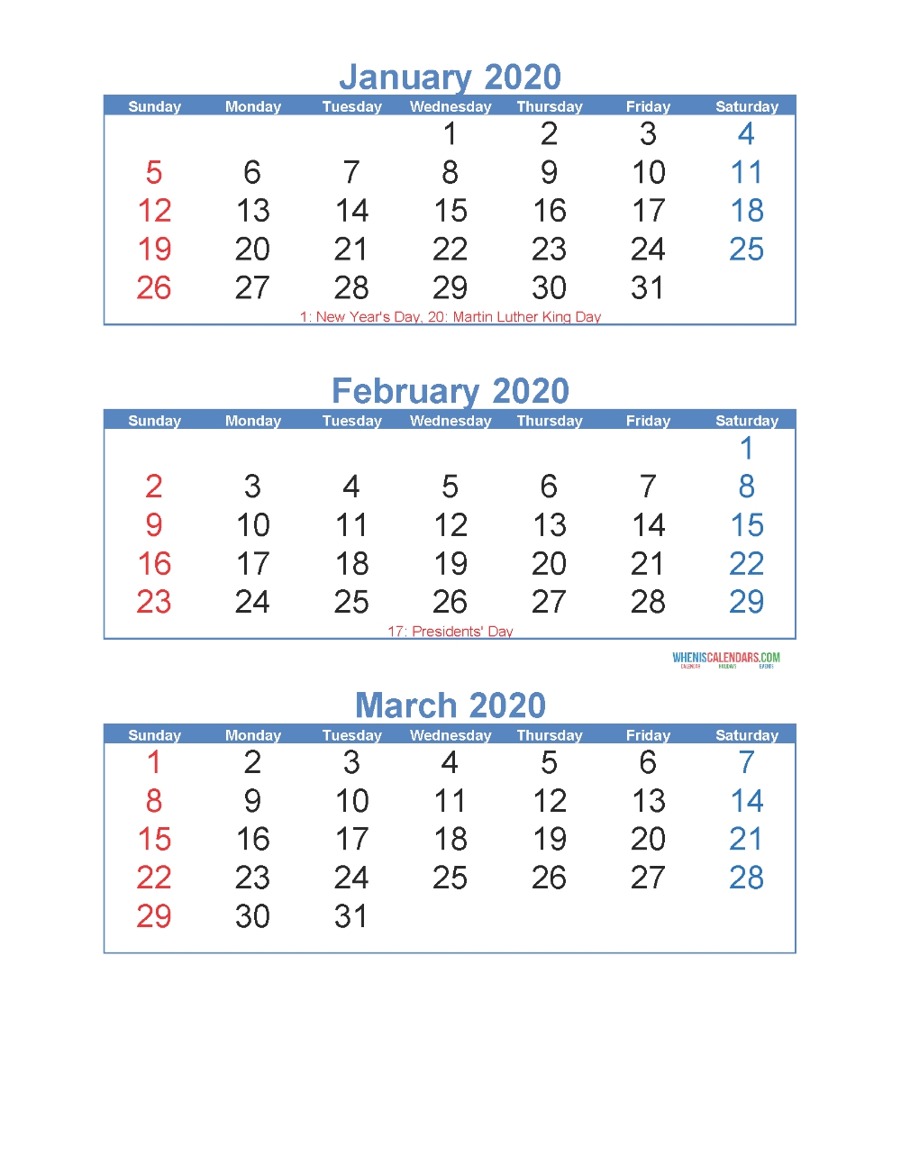 January February March 2020 Calendar 3 Months Per Page  Printable Calendars 3 Months To A Page