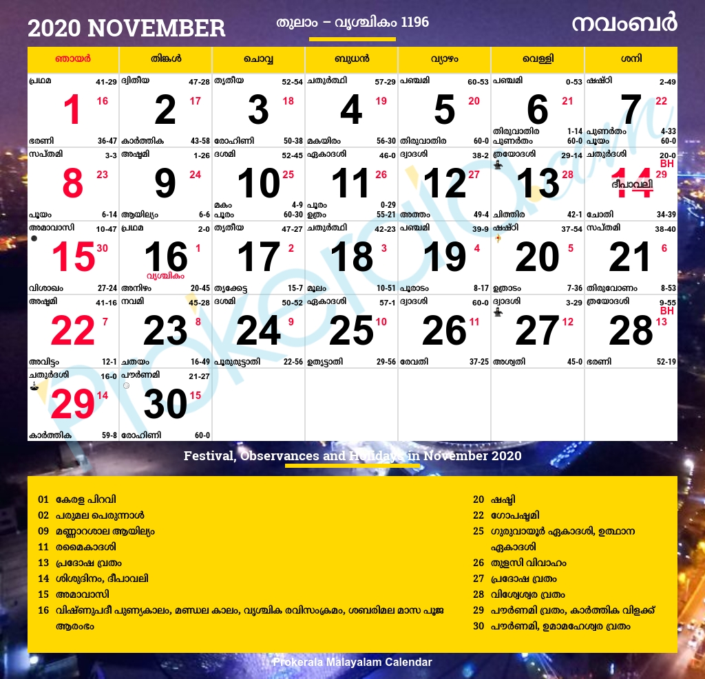 Malayalam Calendar 2020, November  Malayalam Calander 2020