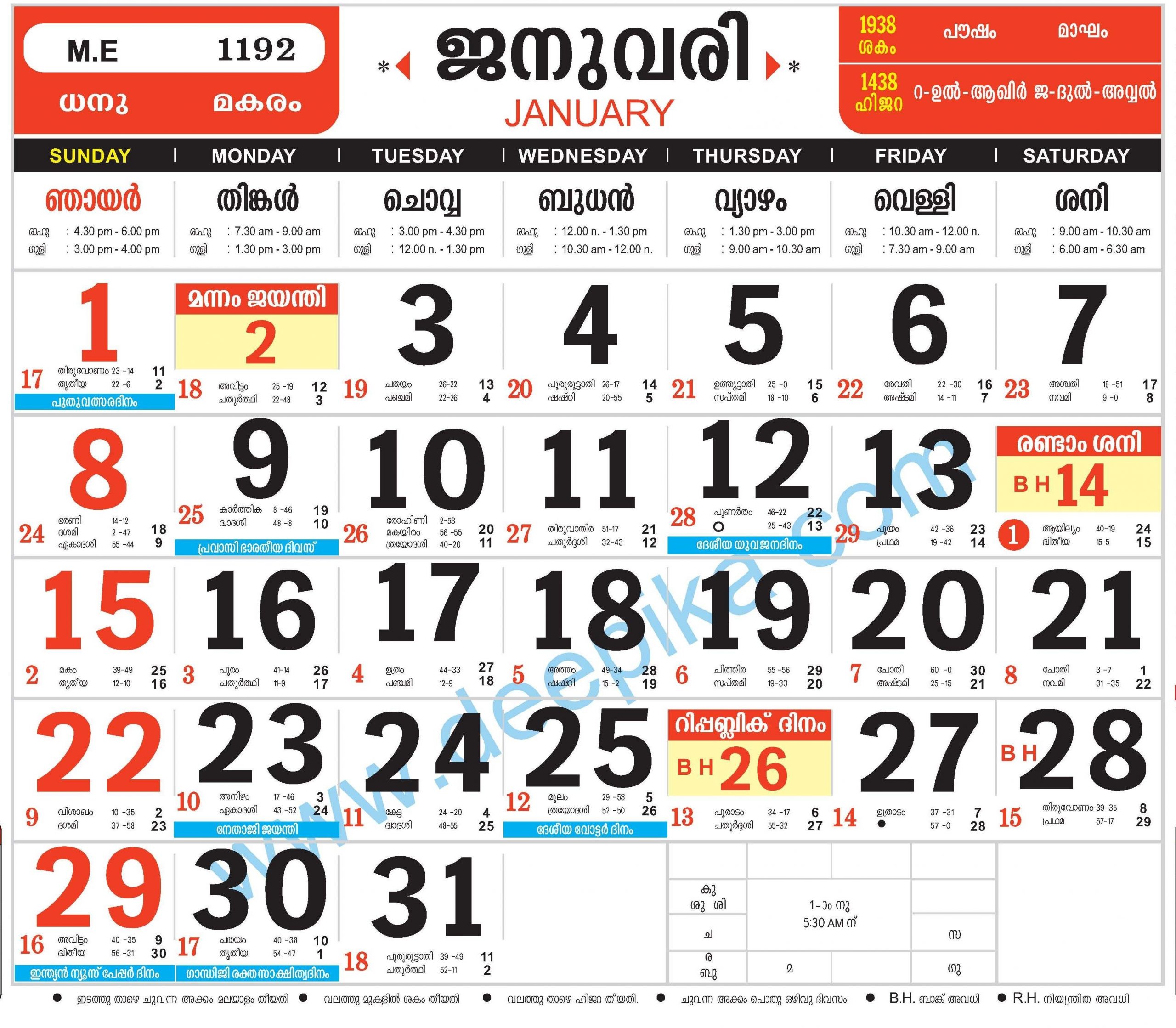 2025 December Malayalam Calendar