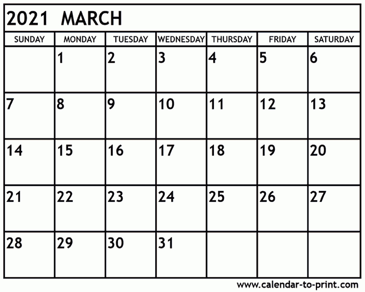 March 2021 Calendar Printable  Free Printable Monthly Calendar March 2021
