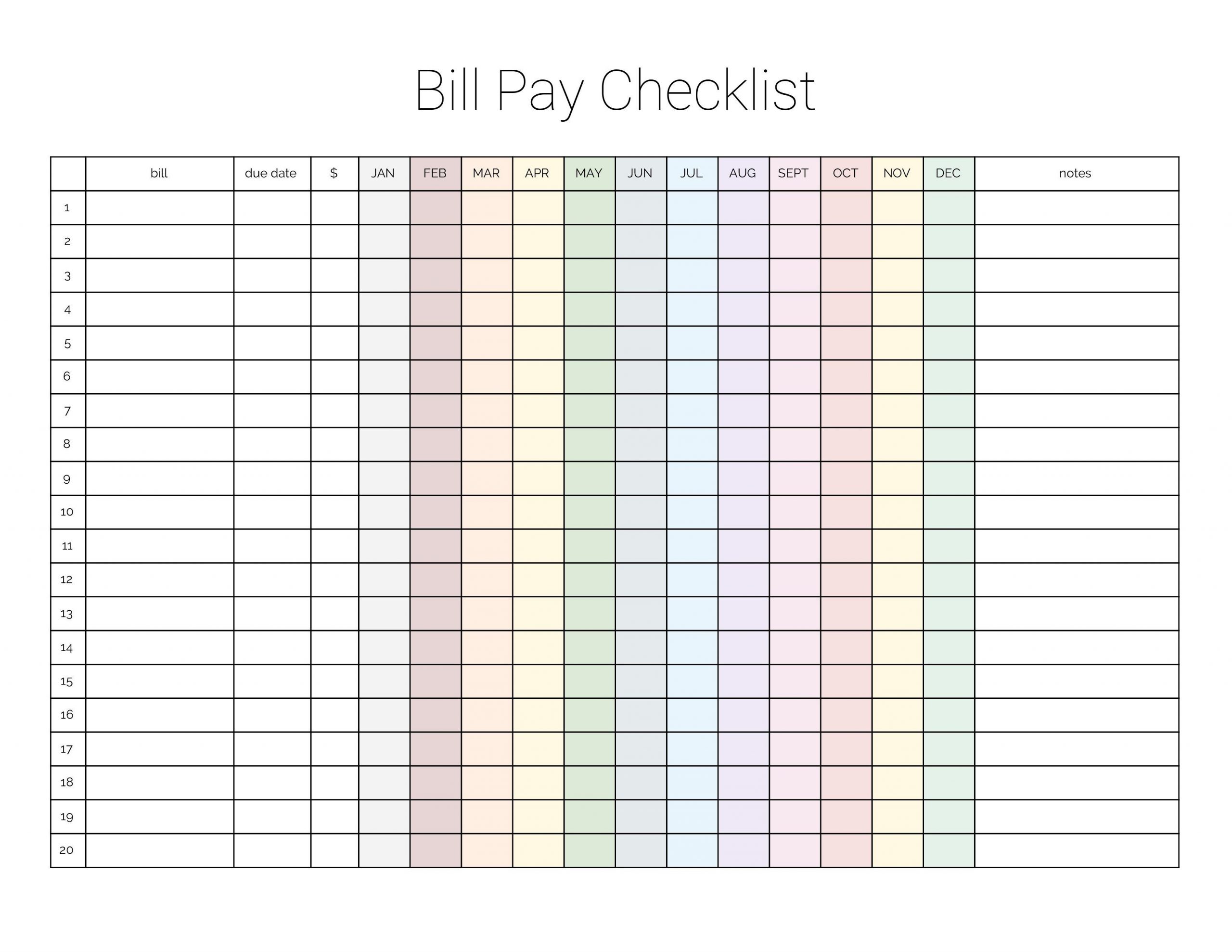 Free Printable Bill Pay Checklist Template