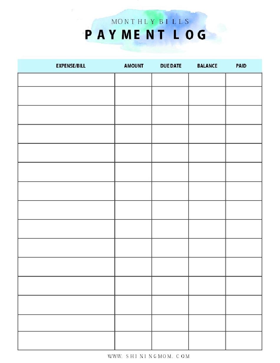 Free Printable Monthly Bill Payment Log Pdf - Printable Online