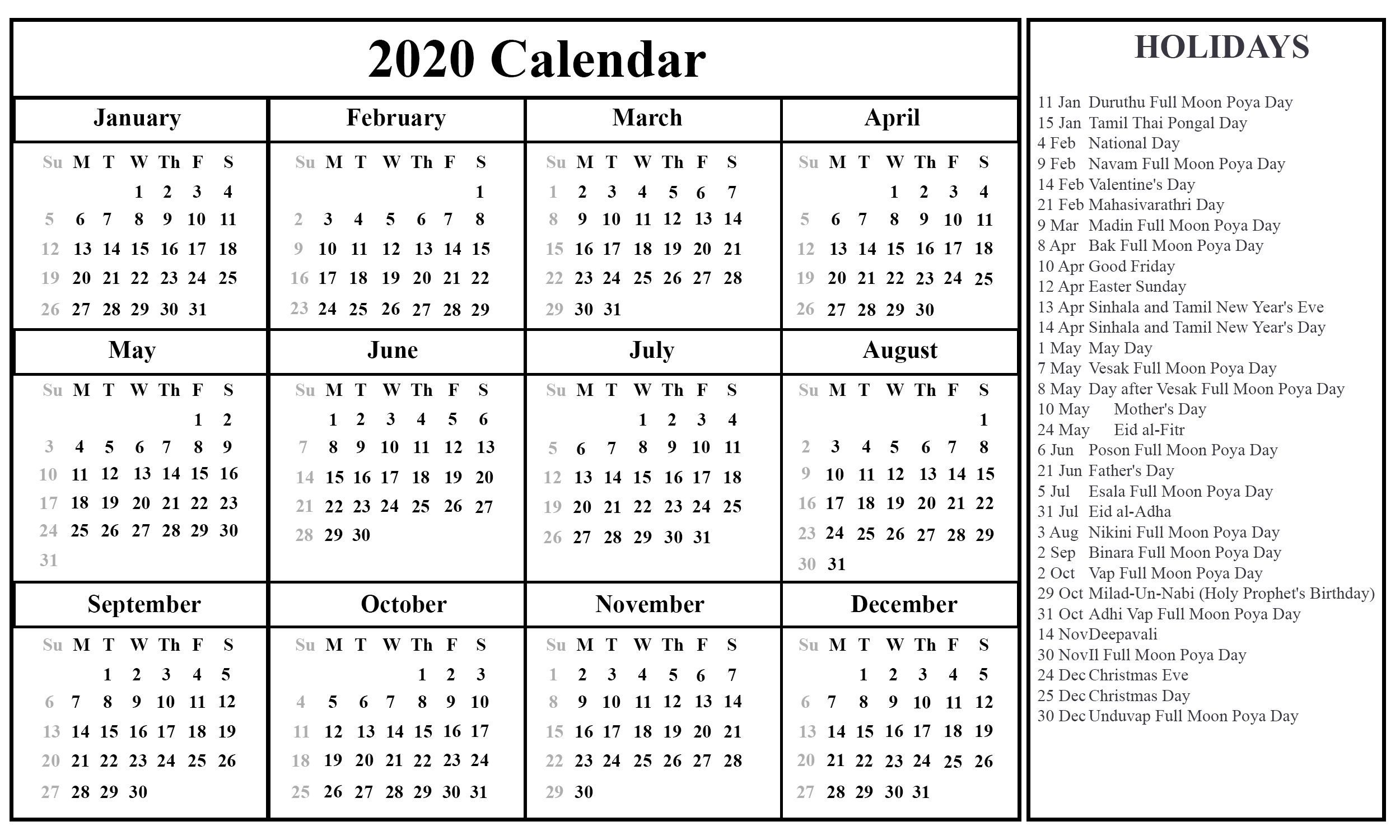 November 2020 Calendar Sri Lanka - Cprc  2021 Calender With Mercantile  Holidays