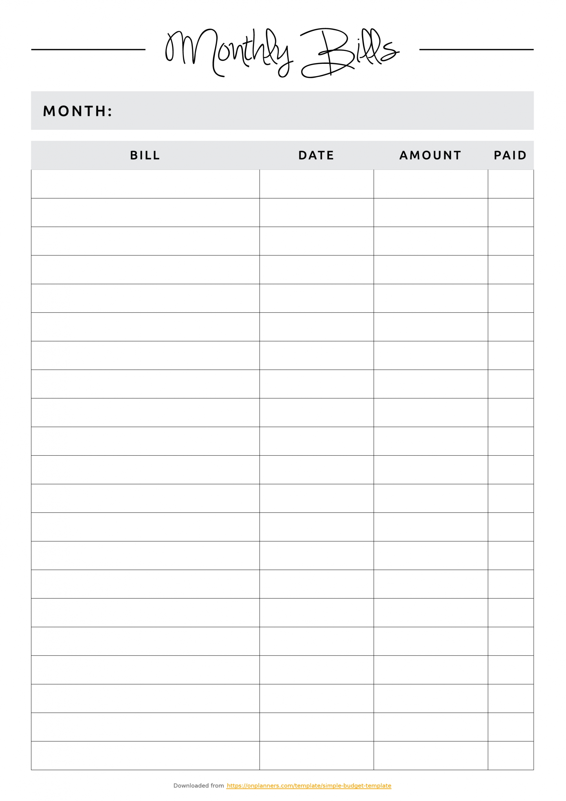 Monthly Bill Worksheet Pdf Template Calendar Design