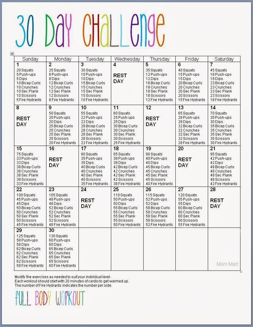 30 Day Challenge Exercise Chart Printable Template Calendar Design
