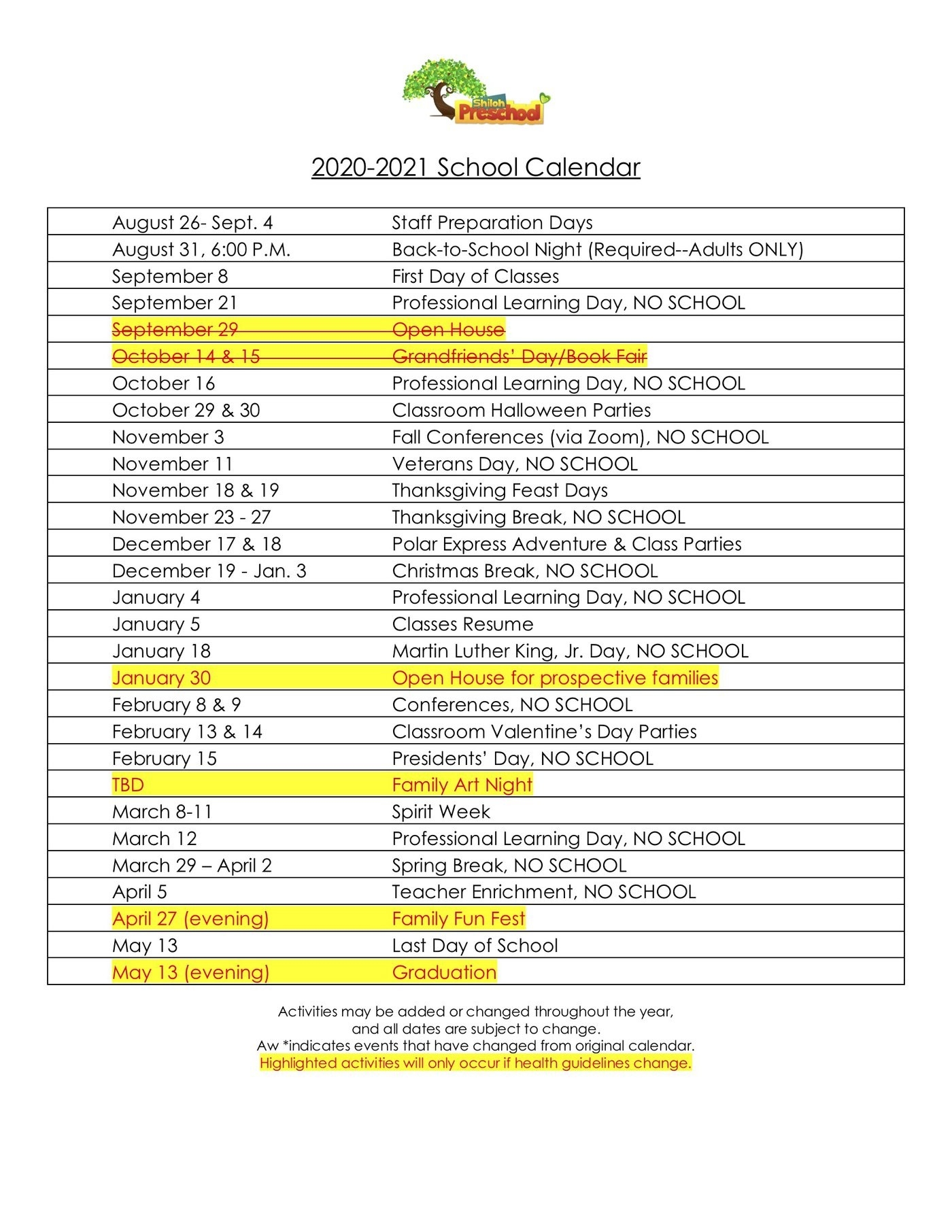 Preschool Calendar  United Methodist Calendar 2021
