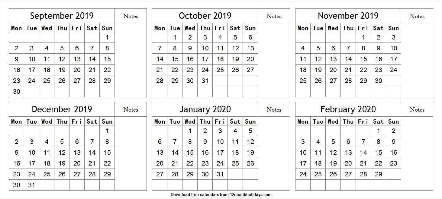 Print Free 6 Month Calendar September To February 2020 With  Calender 6 Months