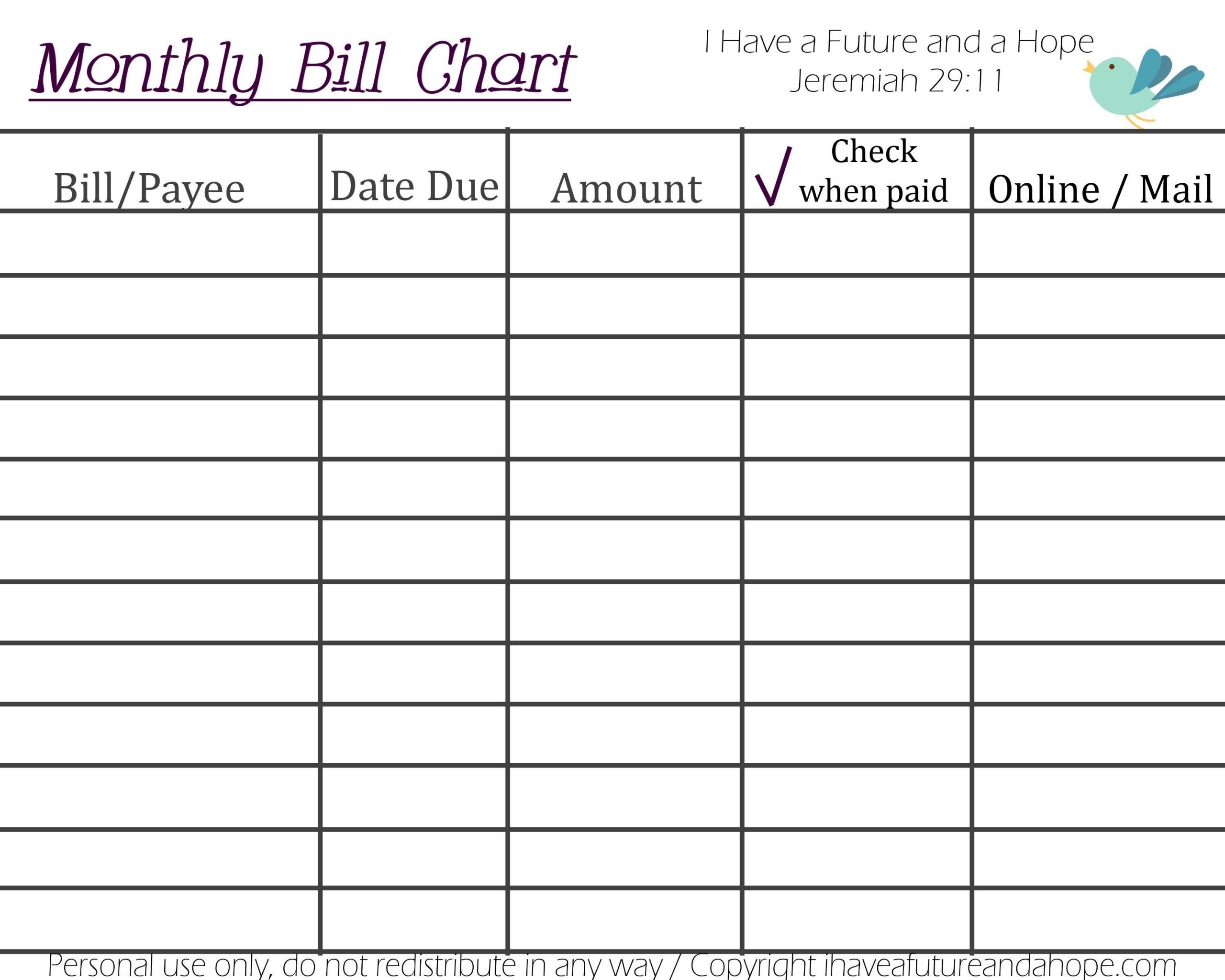 Printable Monthly Bill Chart | Budget Spreadsheet Template  Bill Pay Sheet Pdf
