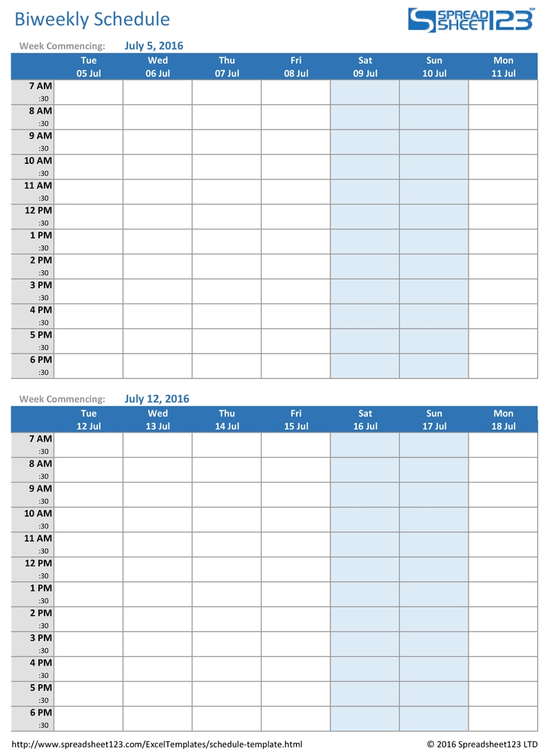 Printable Weekly And Biweekly Schedule Templates For Excel  Excel Calendar Week