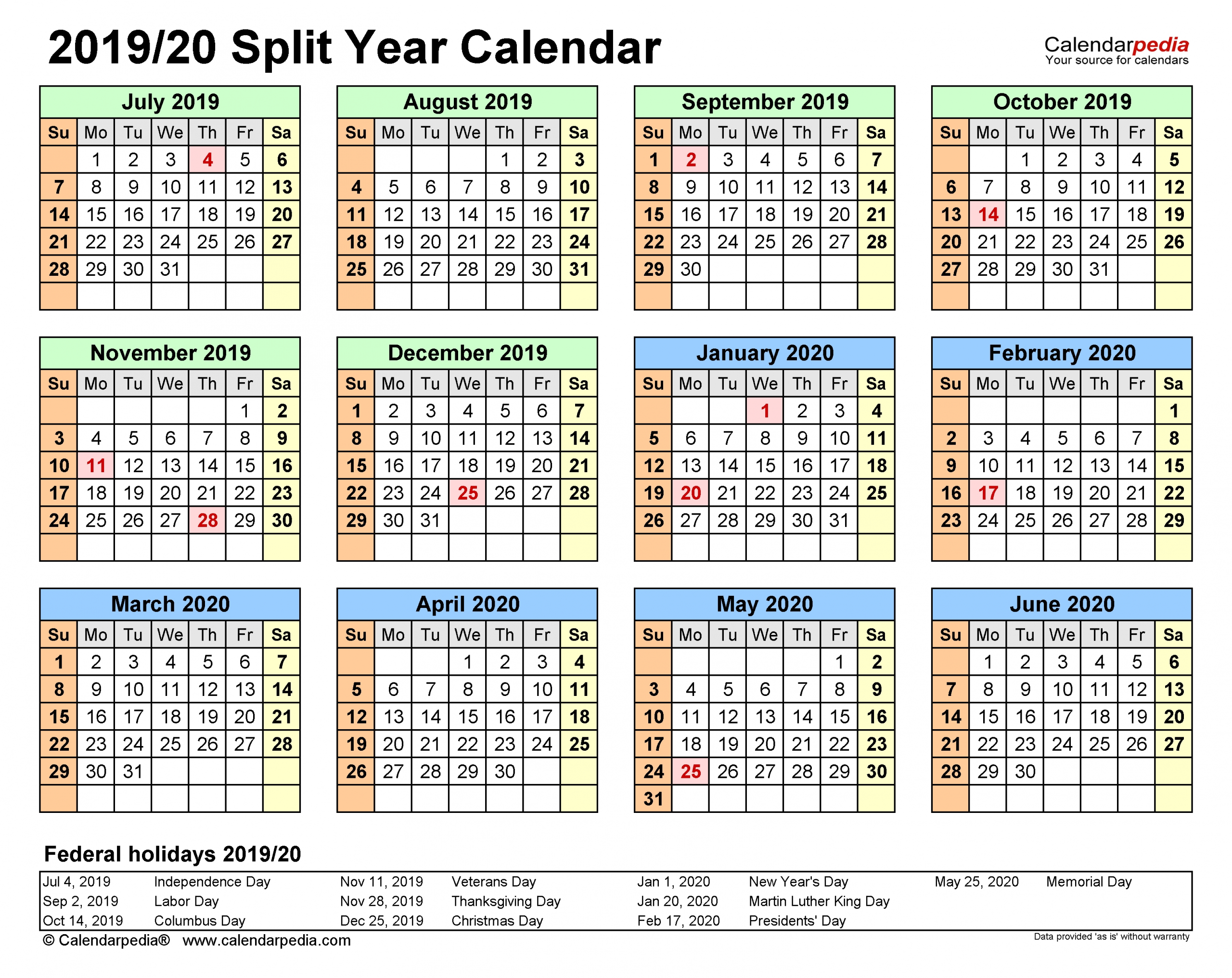 Split Year Calendars 2019/2020 (July To June) - Pdf Templates  How Many Weeks In 18-19 Financial Year