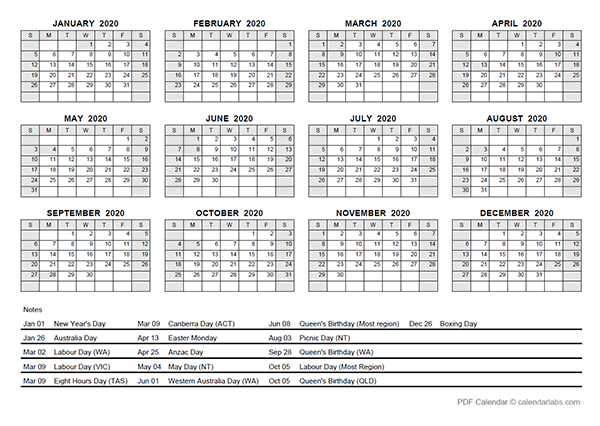 2020 Yearly Calendar With Australia Holidays - Free  Printable Financial Year Calendar Australia