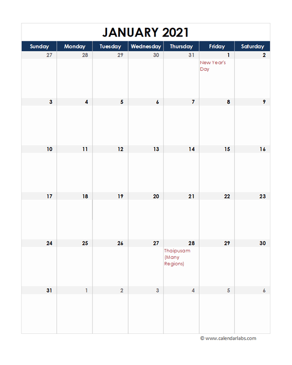 2021 Malaysia Calendar Spreadsheet Template - Free  Plain Monthly Planner Template Portrait 2021