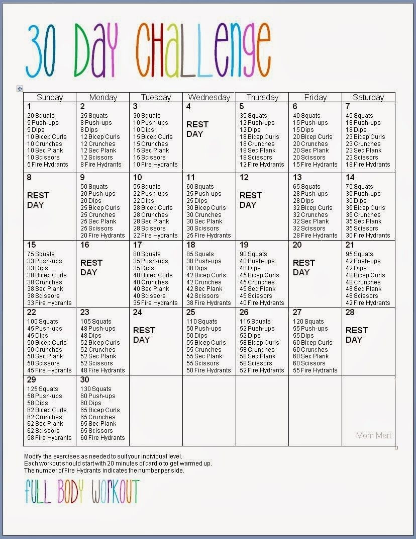 30 Day Challenge Exercise Chart Printable - Template  30 Day Exercise Challenge Printable