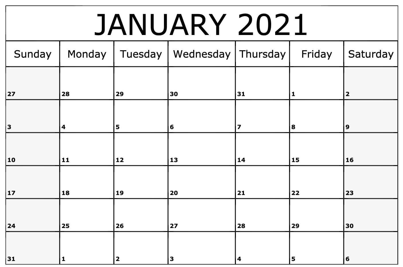 Blank January 2021 Calendar Pdf, Word, Excel Template  Word January 2021 Template