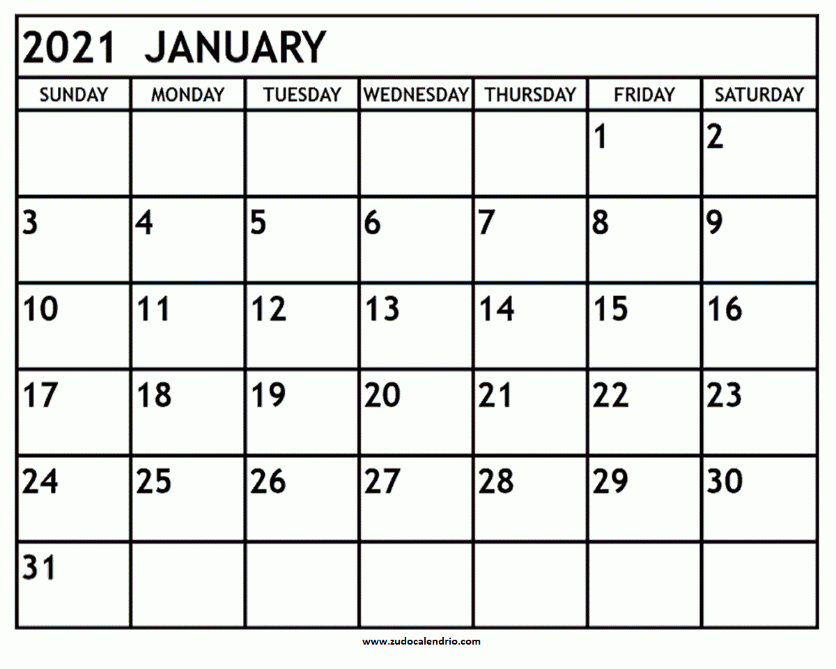 Blank January 2021 Calendar Printable | Zudocalendrio  Word January 2021 Template