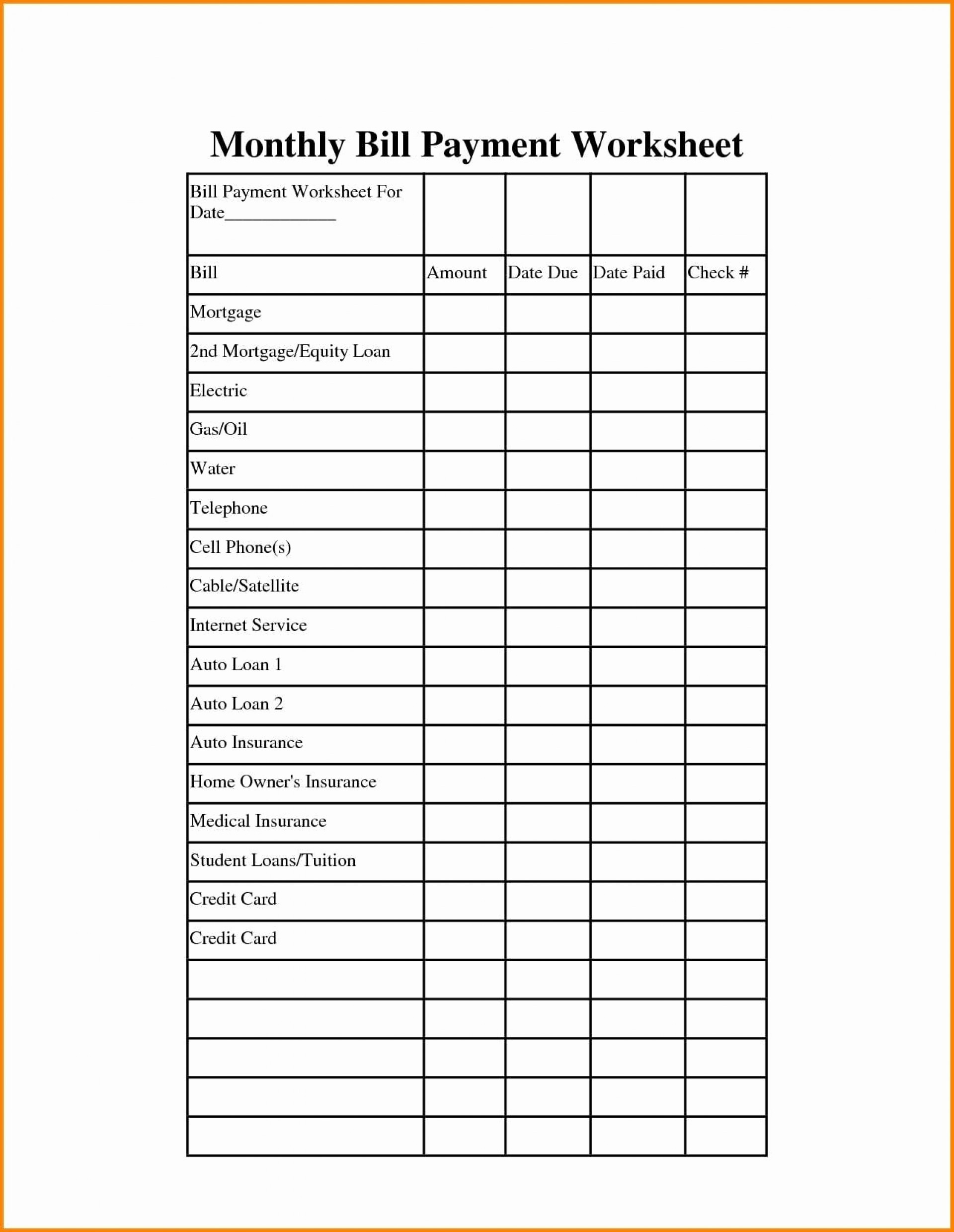 Blank Monthly Bill Payment Worksheet | Free Calendar  Bill Payment Worksheet