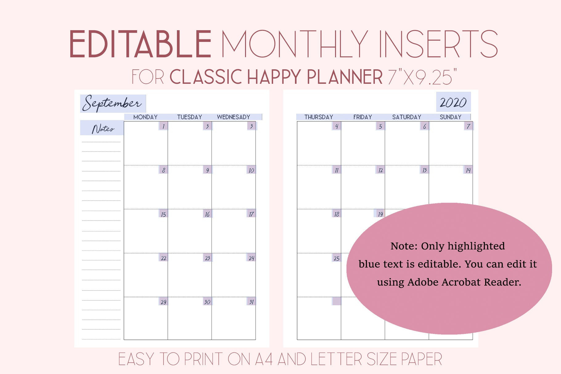 Editable Planner Pages, Month On Two Pages, Monthly Layout  Editable Daily Planner Template