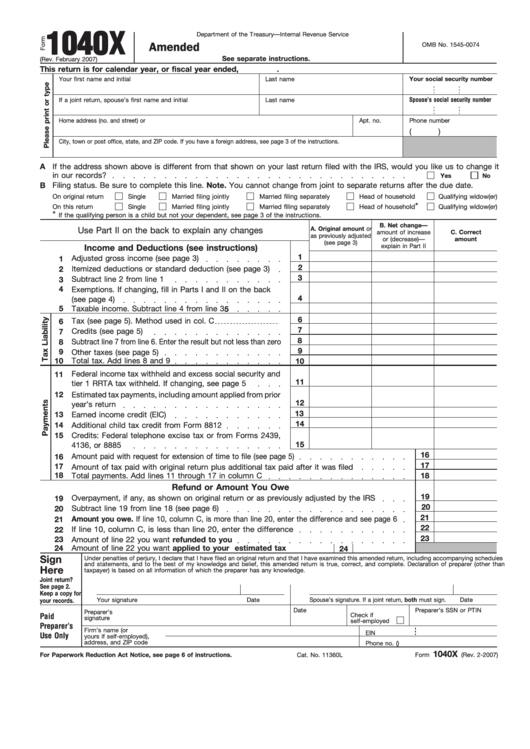 Fillable Form 1040X - Amended U.s. Individual Income Tax  Calender Last Financial Year