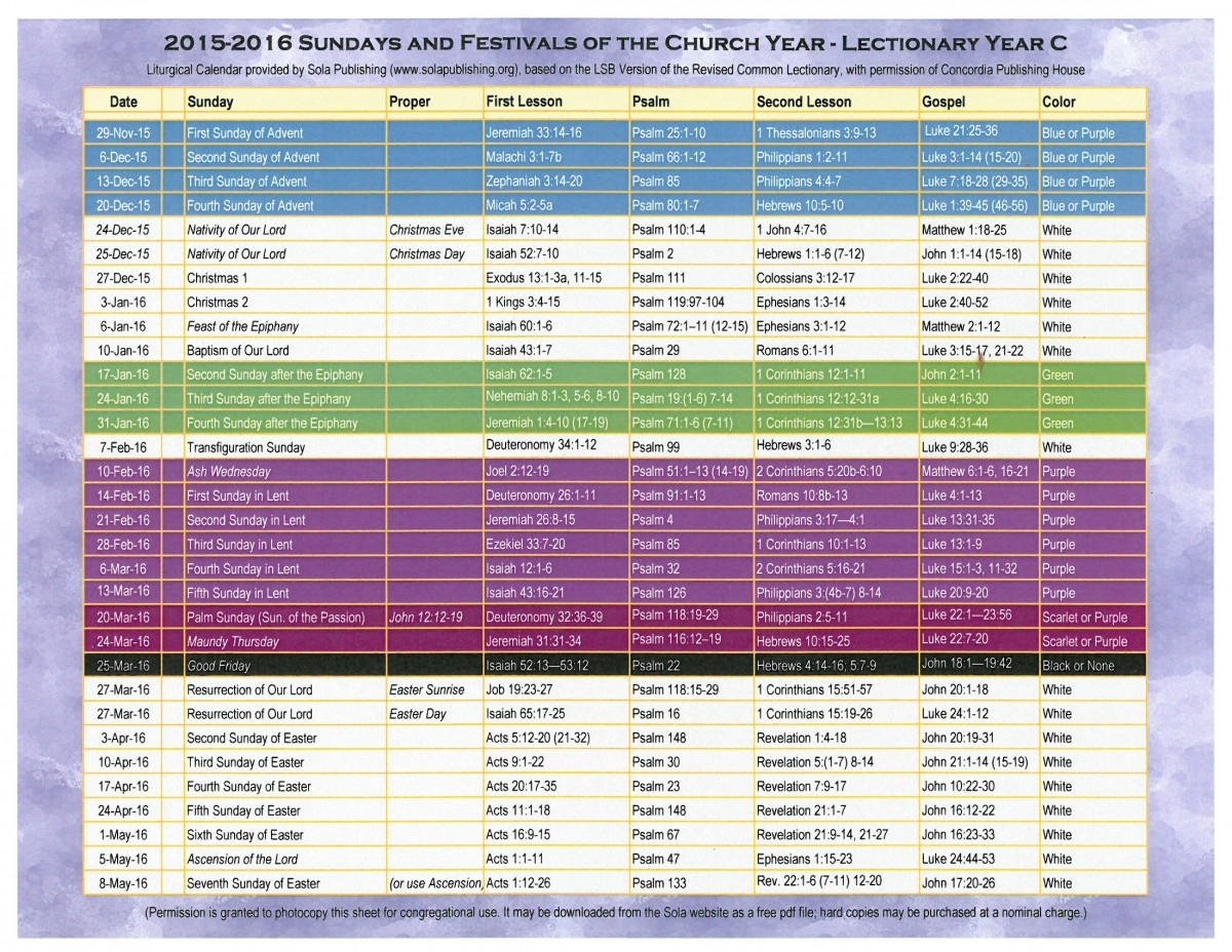 Methodist Church Lectionary Template Calendar Design