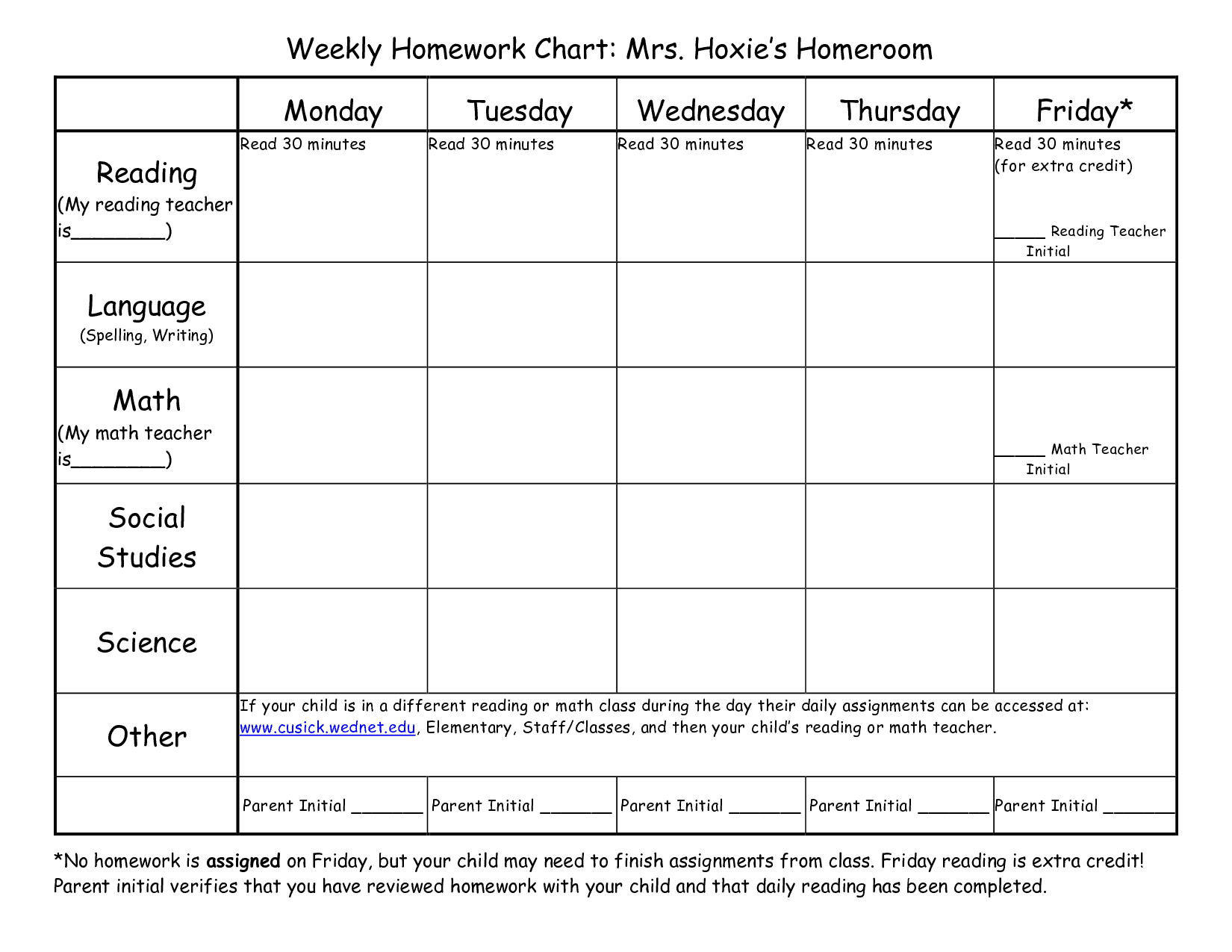 Homework Tracking Chart  Blank  Assignment Sheet