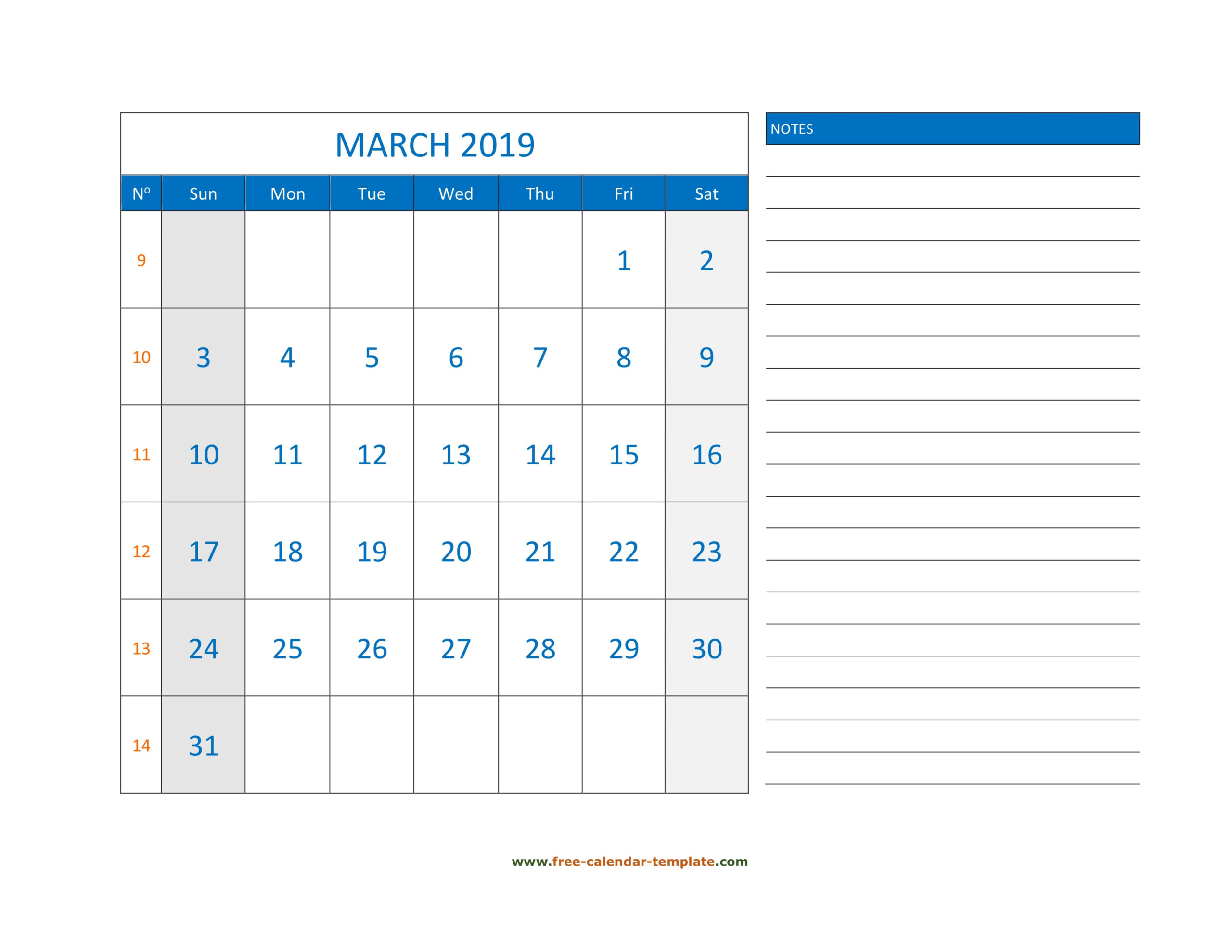 March Calendar 2019 Grid Lines For Holidays And Notes  Printable Word Calendar With Lines