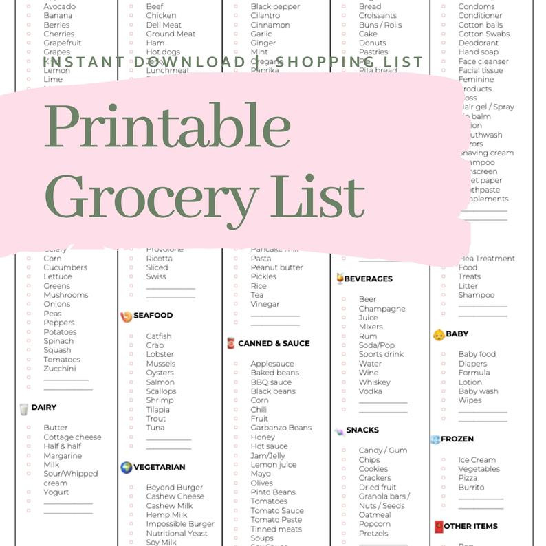 Master Grocery List Printable Shopping List Instant  Shopping List