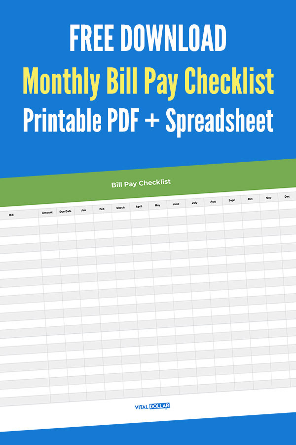Monthly Bill Pay Checklist Printable + Spreadsheet: Free  Bill Worksheet Pdf