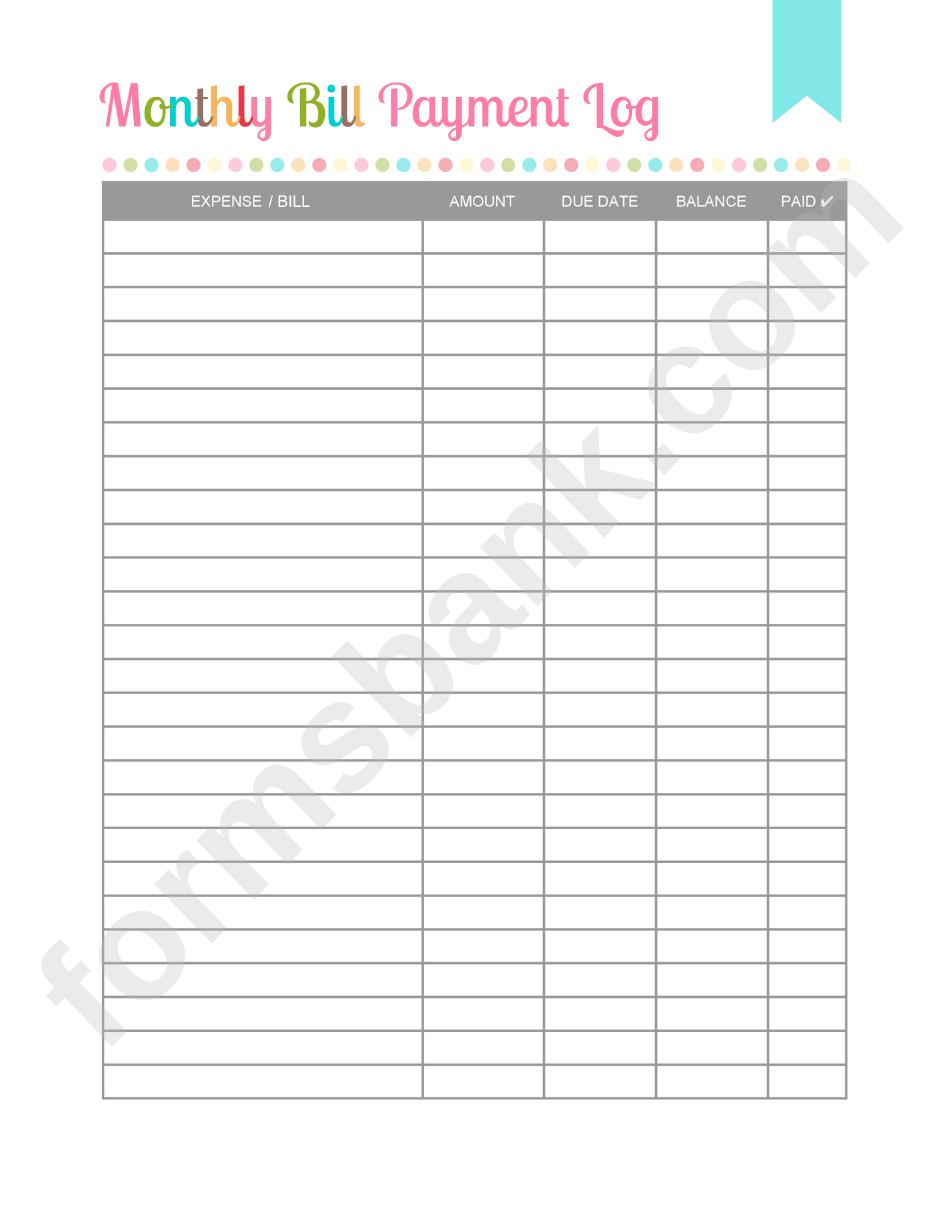 Monthly Bill Payment Log Printable Pdf Download  Monthly Bill Payment Sheet
