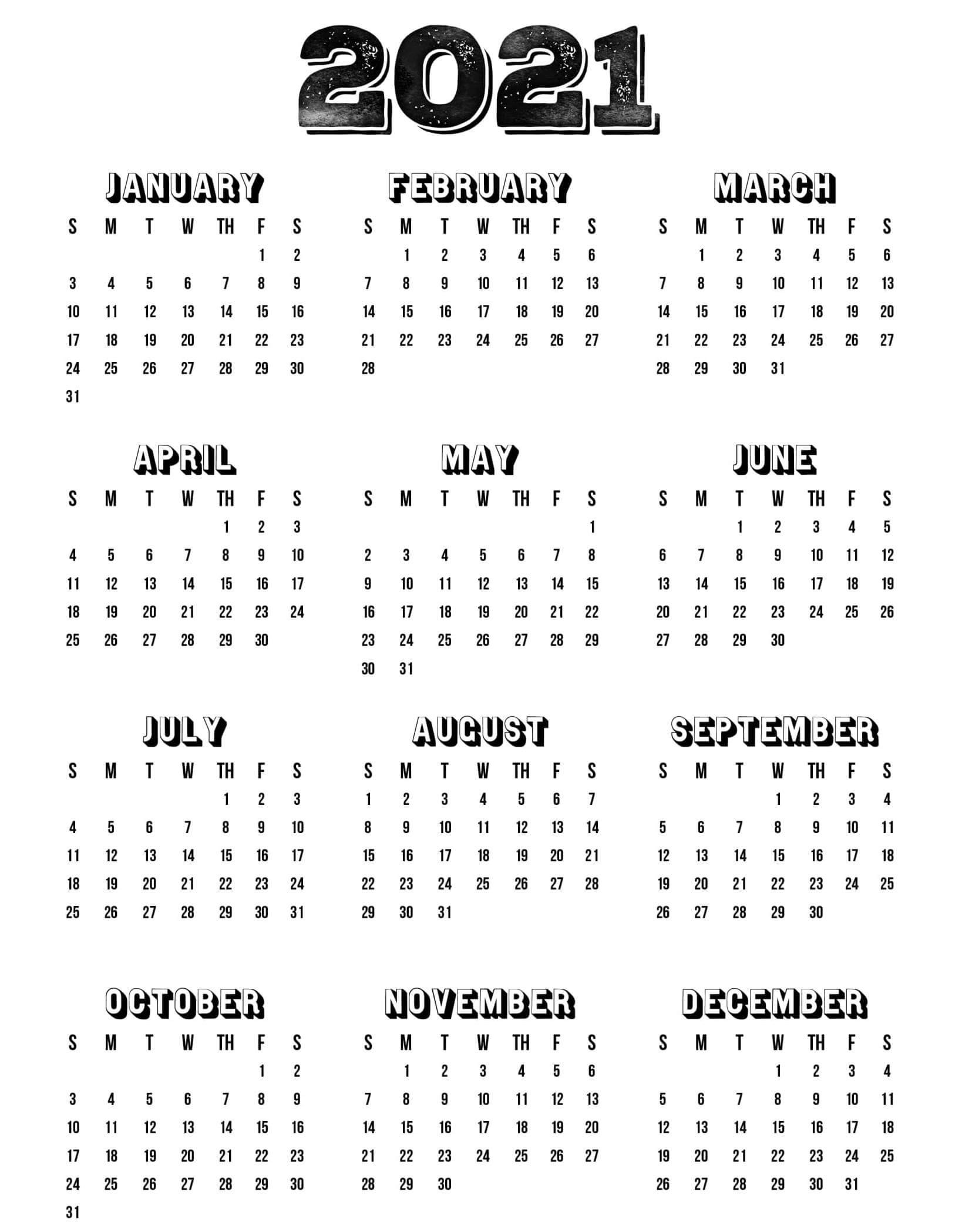 One Year Small Calendar 2021 Template Horizontal - Set  Financial Year Dates 2021 2021