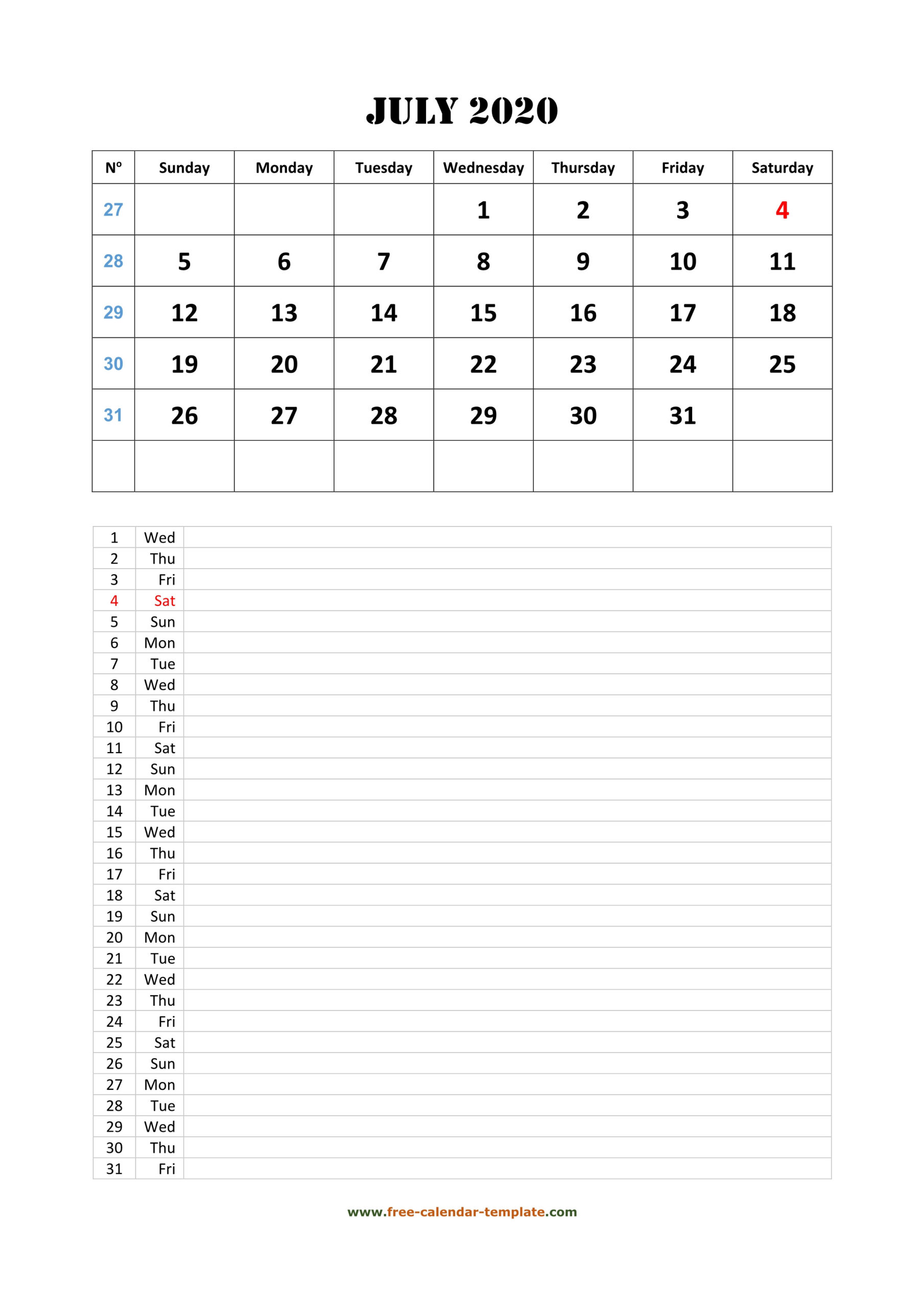 Printable 2020 July Calendar Grid Lines For Daily Notes  Printable Word Calendar With Lines