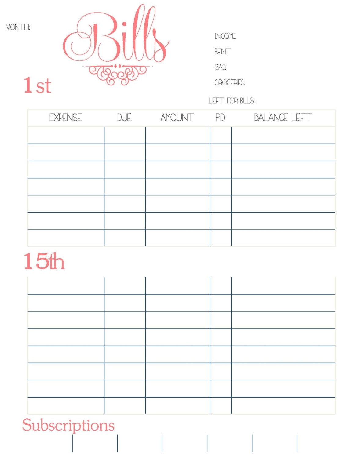 Simple Printable Monthly Bill Organizer Spreadsheet  Bill Worksheet Pdf