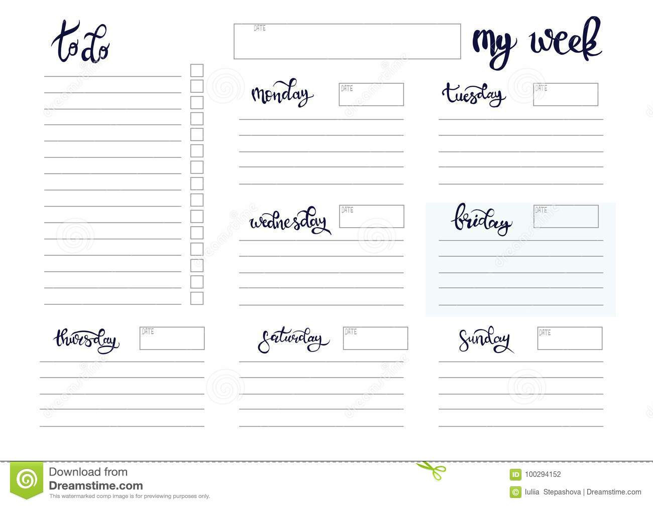 Weekly Planner Blank Template Stock Vector - Illustration  Free Printable Blank Calendars To Fill In For Bullet Journal