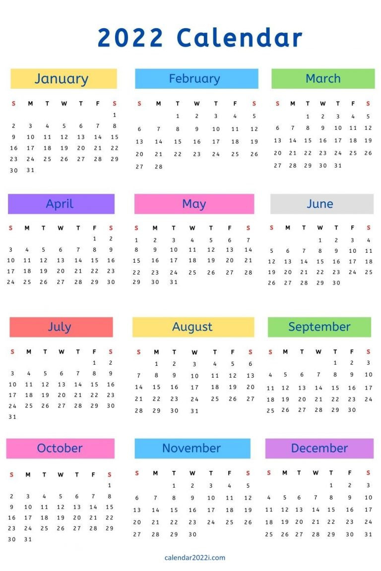 12 Month 2022 Calendar Printable Free Download | Calendar 2022  12 Month Calendar To Print