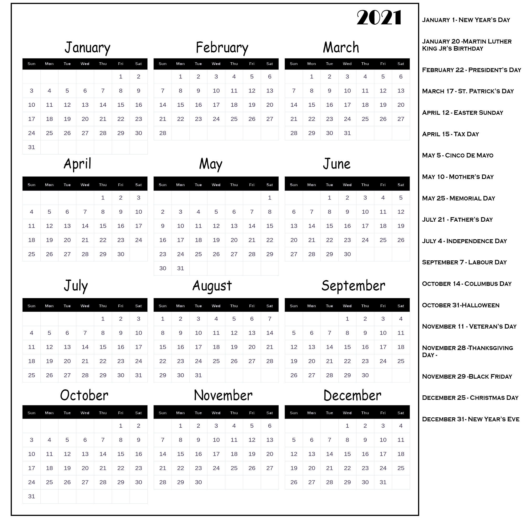 2021 Yearly Calendar Printable Free With Notes - Template Calendar Design