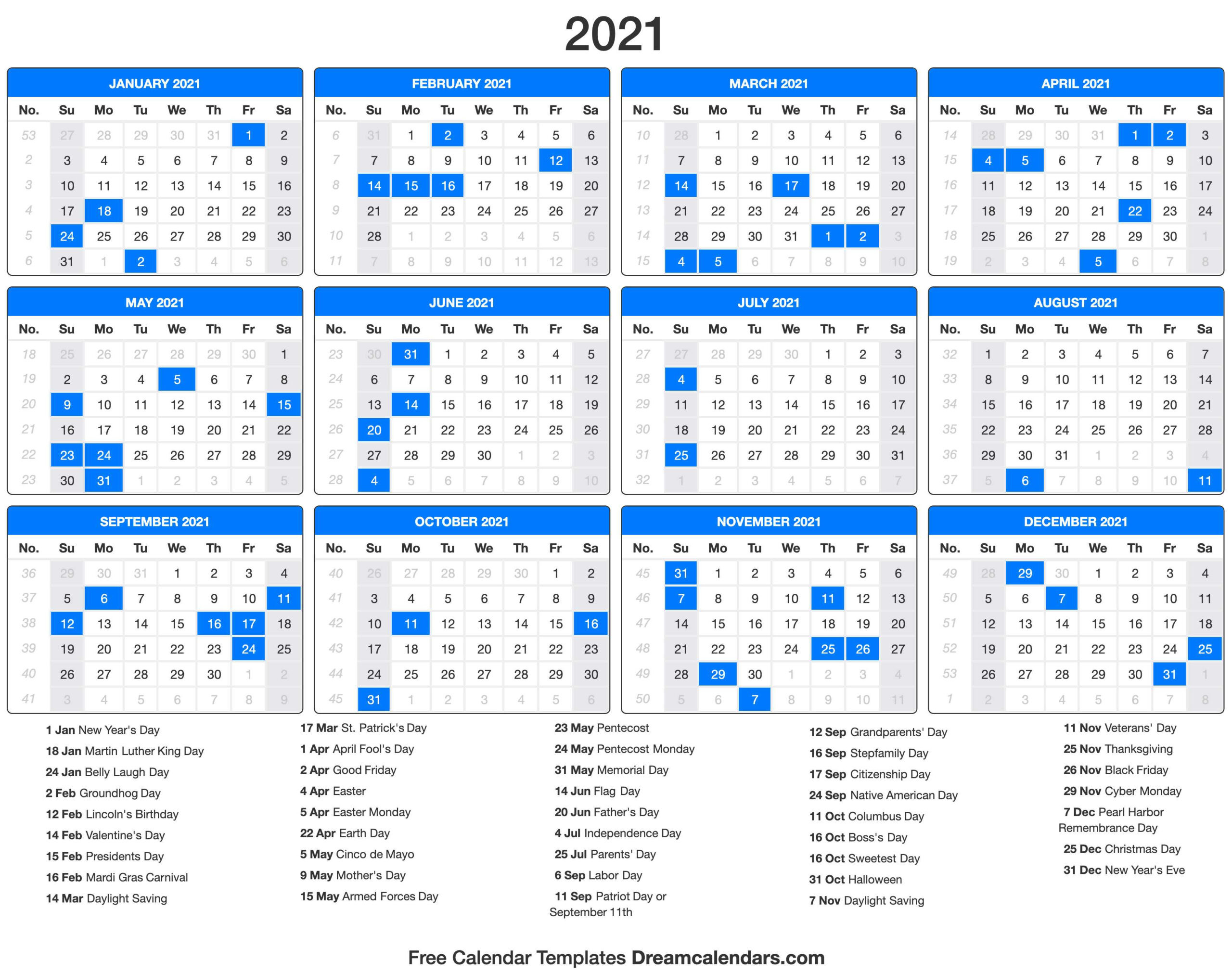 12 Month Printable Calendar 2021 With Holidays  2021 Free 12 Month Printable Monthly Calendar