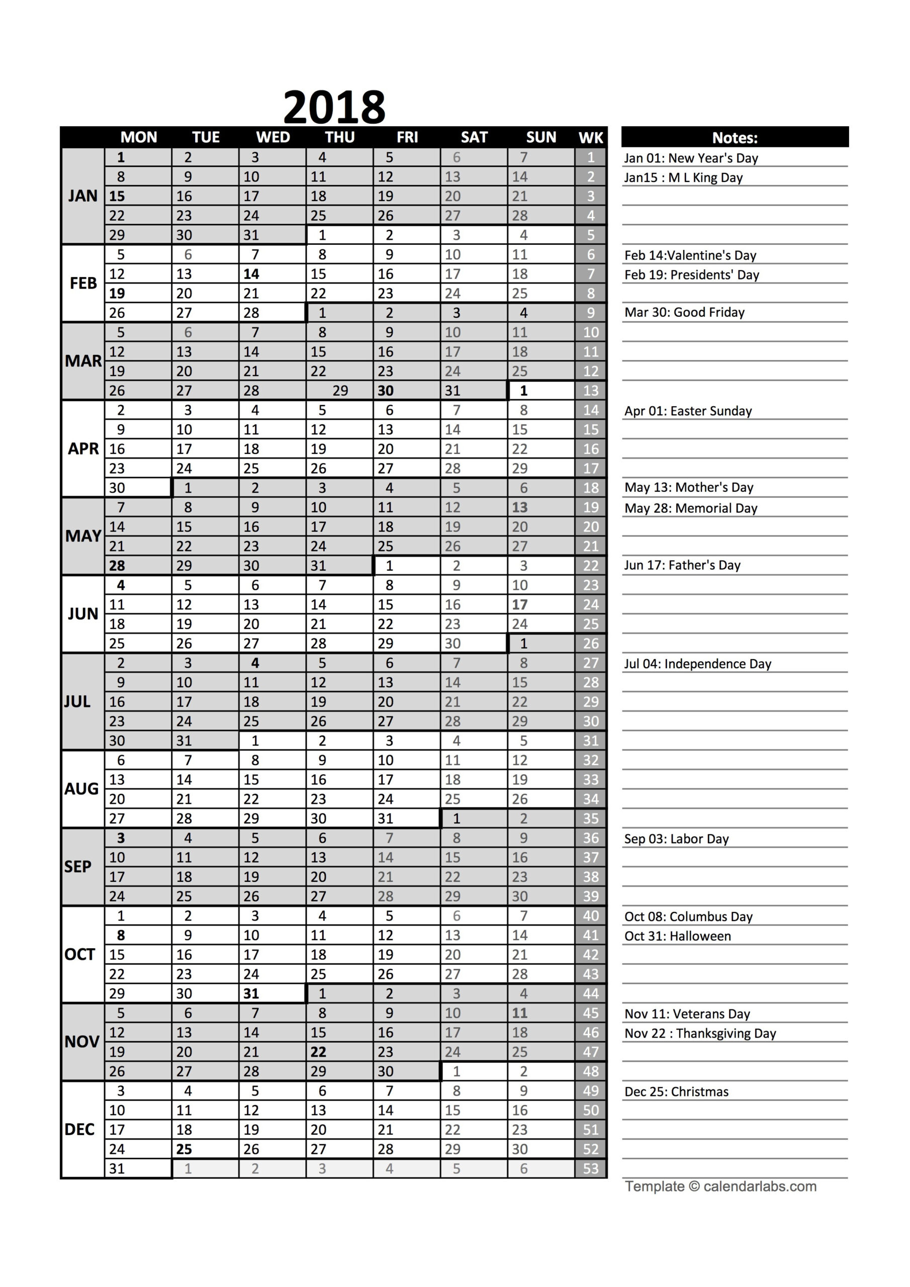 2018 Business Project Planning Calendar With Week Number  Weeknum Calendar