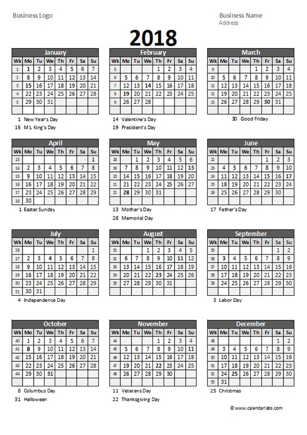 2018 Yearly Business Calendar With Week Number - Free  Calendar By Week Number Pdf