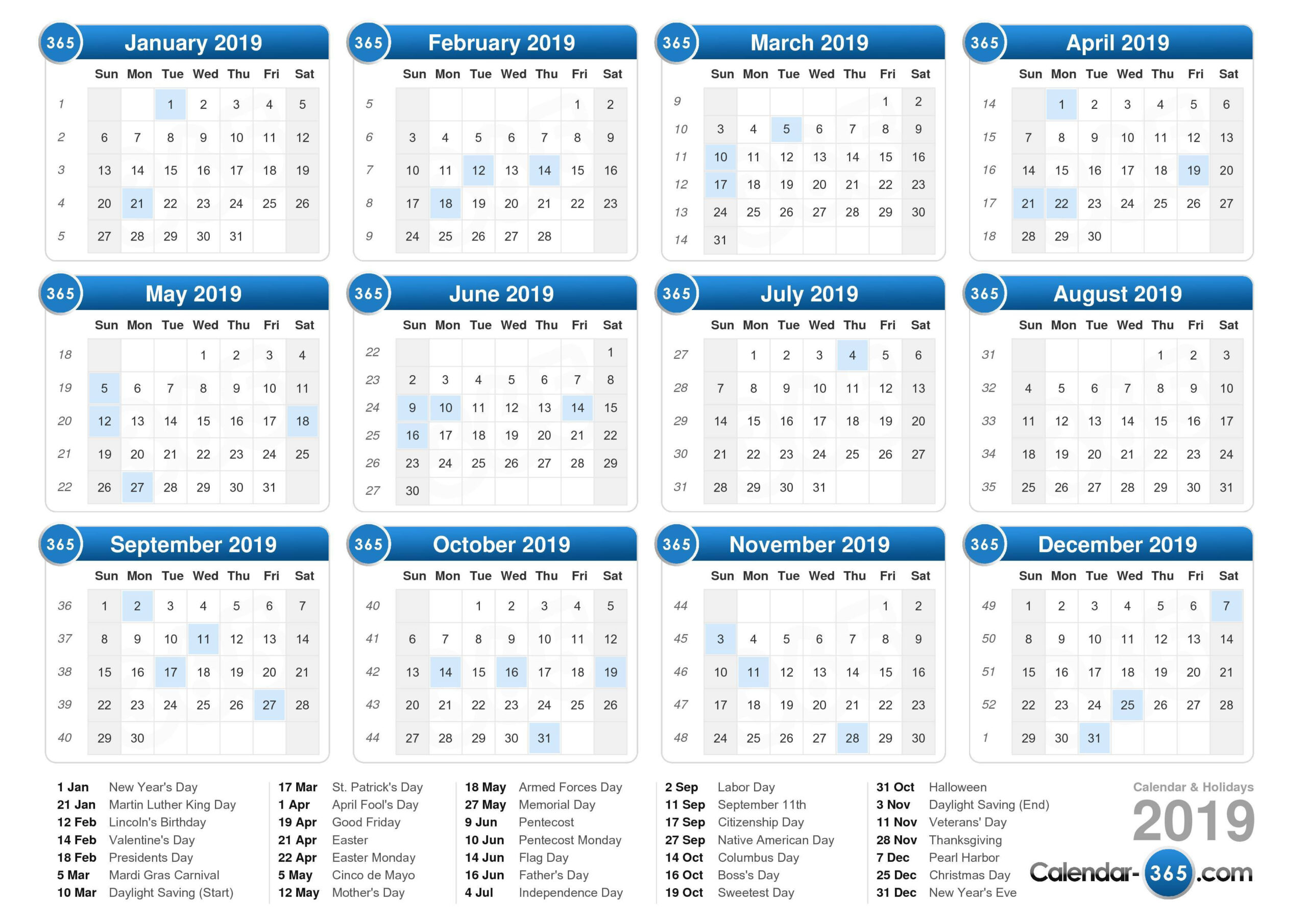 2019 Calendar  Weeknum Calendar