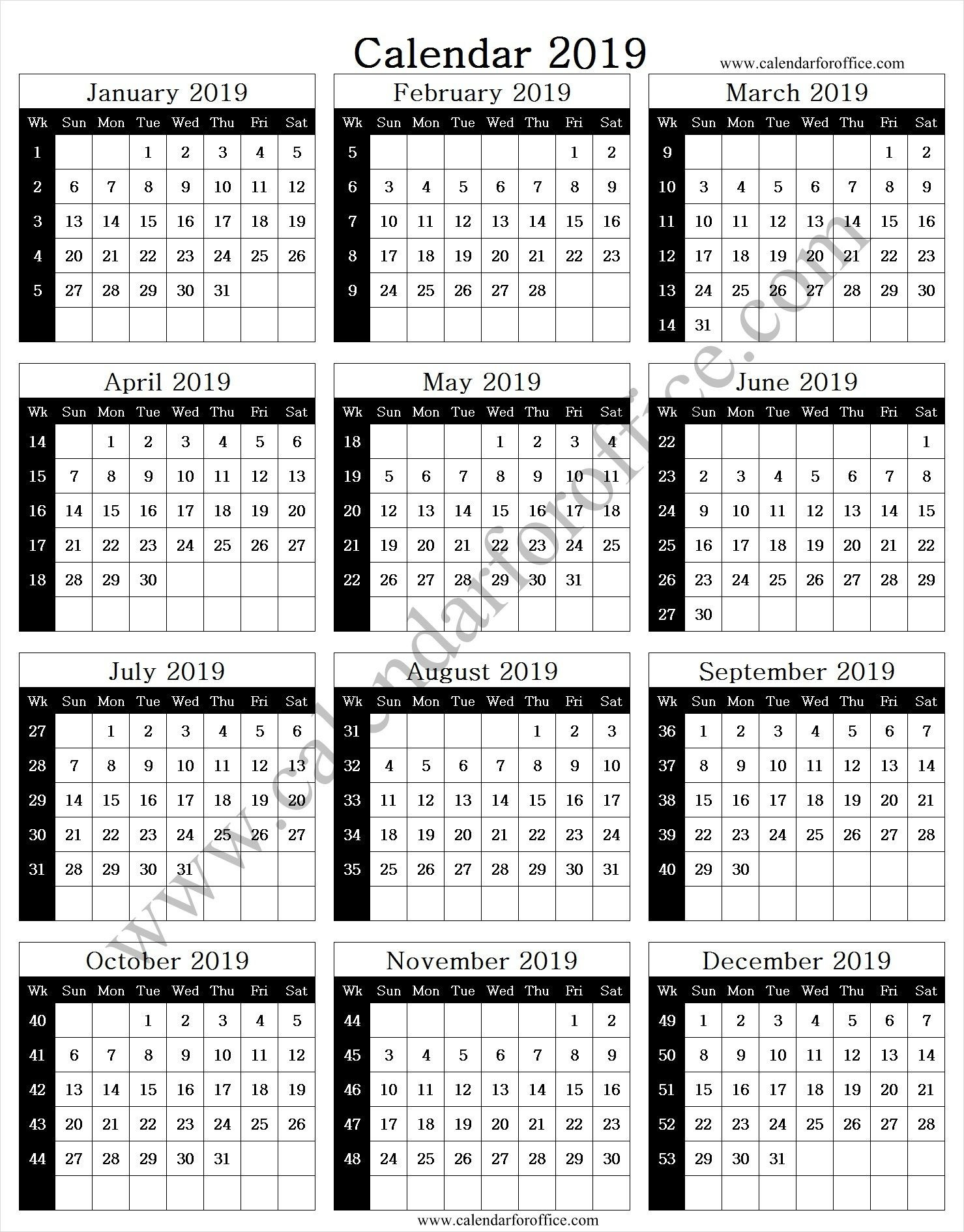 2019 Year Calendar With Week Numbers | Calendar With Week  Weeknum Calendar