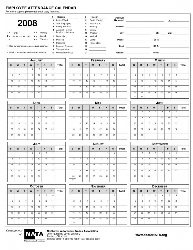 Employee Attendance Calendar Free Printable 2021 - Template Calendar Design