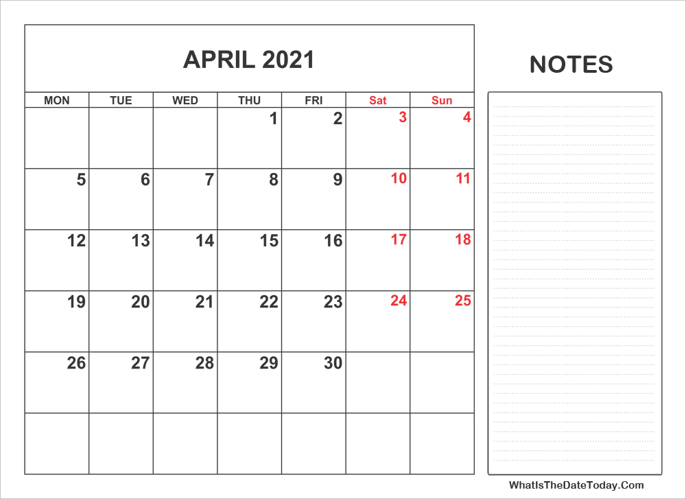 2021 Printable April Calendar With Notes  2021 Tax Week Numbers